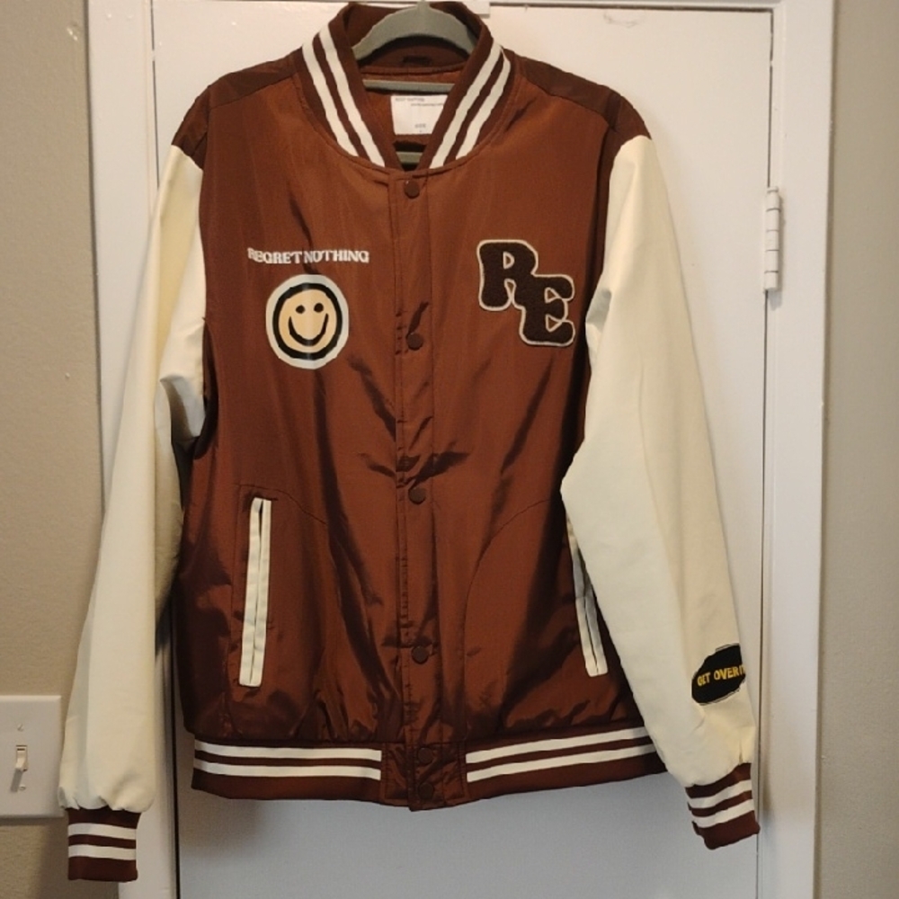 Classic Brown and White Bomber Varsity Jacket